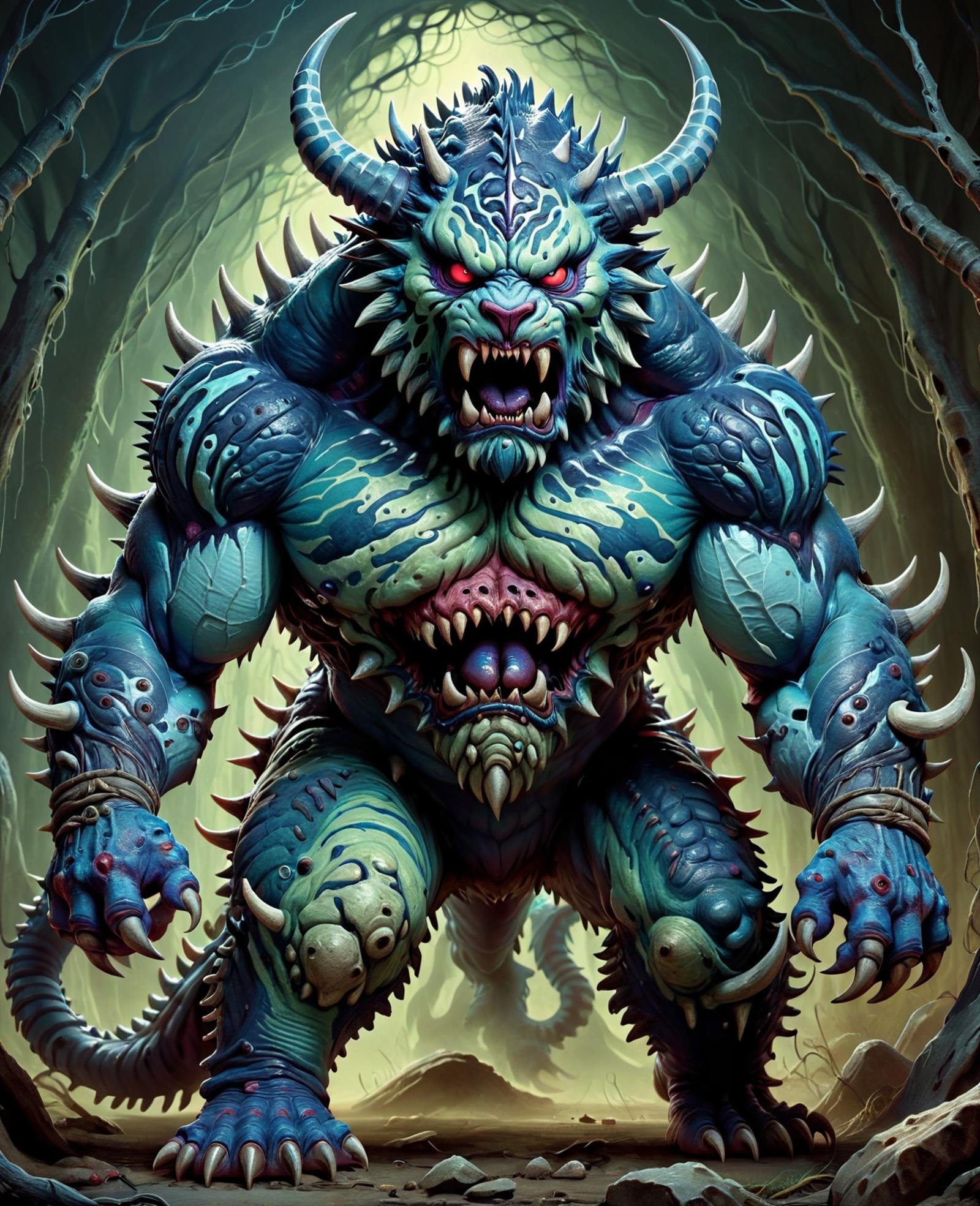 DonMV1r4lXL quinametzin, large ogre-like fearsome otherworldly creature, fearsome monstrous appearance, muscular imposing physique, blue skin, horns, sharp claws, tusks, loincloths made of tiger skin, supernatural malevolent power, nuanced beings, powerful, sigh-inducing,cyber,created,splitt screen,cytotoxic,    <lora:DonMV1r4lXL-000008:1>