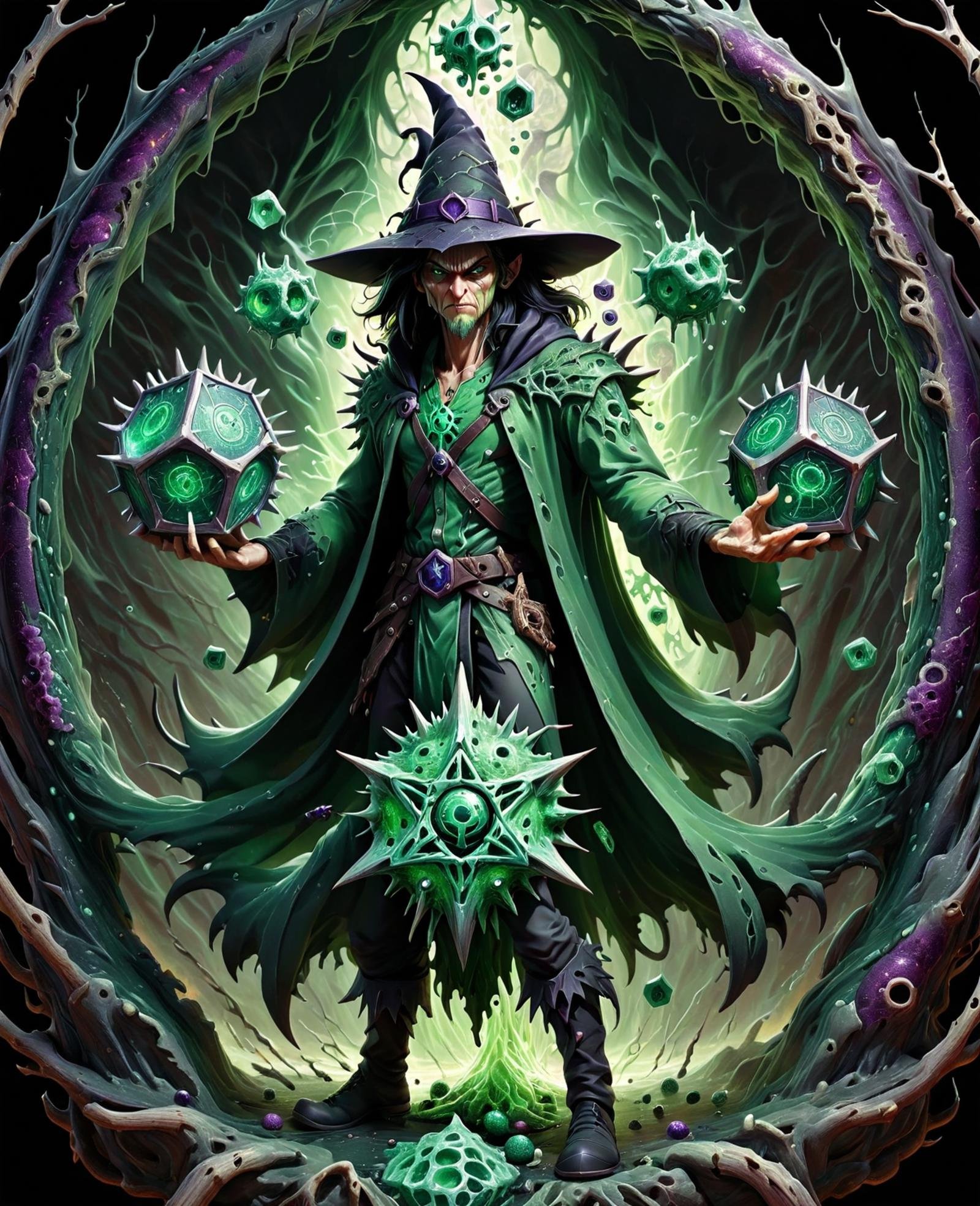 DonMV1r4lXL male witch, aerokinesis  Summoning curse shaped like Portal of sap green gaseous rune and hexes,    <lora:DonMV1r4lXL-000008:1>