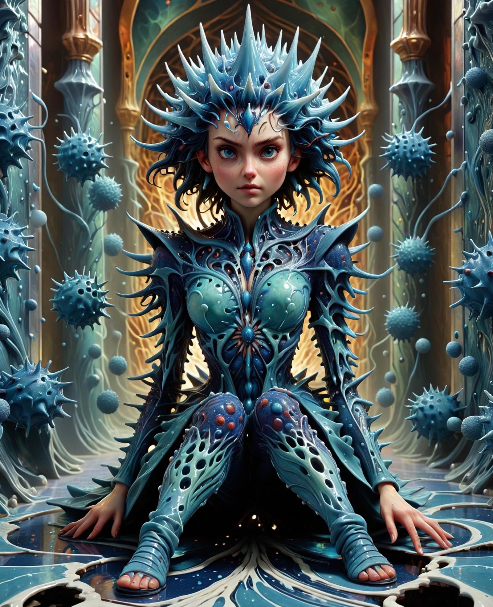 DonMV1r4lXL female elementalist  (indanthrone blue beguiling,illusion ,epoxy flooring,bio-adaptable shape-shifting facades brownian motion,diffusion,dotted lines,temporal paradoxe,colloids,cone magic:1.0),    <lora:DonMV1r4lXL-000008:1>