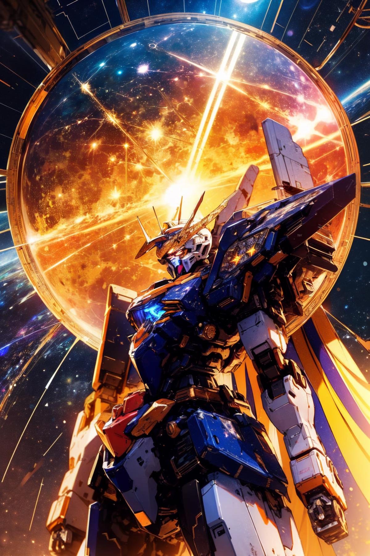 <lora:Gundam V1:0.7>,Gundam,mecha,robot,no humans,glowing,solo,science fiction,glowing eyes,(Celestial palace with intricate celestial mosaics and starry ceilings:1.5),, Best Quality,Masterpiece,Edge quality,gorgeous and intricate detail,Perspective Silhouette,((8k, Best Quality, Masterpiece, Extremely Detailed, Rule of Thirds)),((crazy imagery)),photorealistic,masterpiece,superb,HDR,high resolution,sharp focus,photorealistic rendering,extremely detailed description,professional,intricate details,