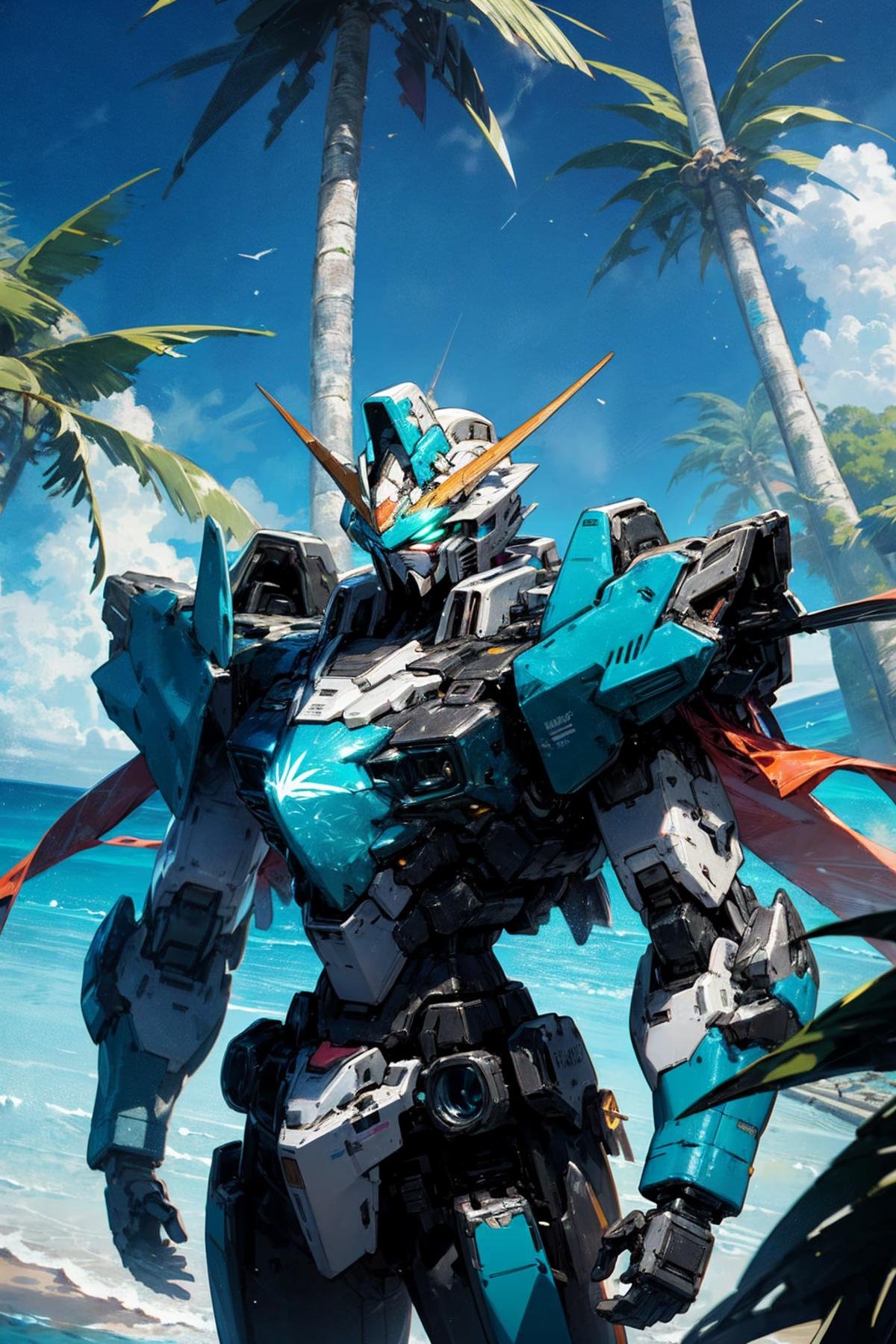 <lora:Gundam V1:0.7>,Gundam,mecha,robot,no humans,glowing,solo,science fiction,glowing eyes,(A tropical paradise with turquoise waters and swaying palm trees.:1.5),, Best Quality,Masterpiece,Edge quality,gorgeous and intricate detail,Perspective Silhouette,((8k, Best Quality, Masterpiece, Extremely Detailed, Rule of Thirds)),((crazy imagery)),photorealistic,masterpiece,superb,HDR,high resolution,sharp focus,photorealistic rendering,extremely detailed description,professional,intricate details,