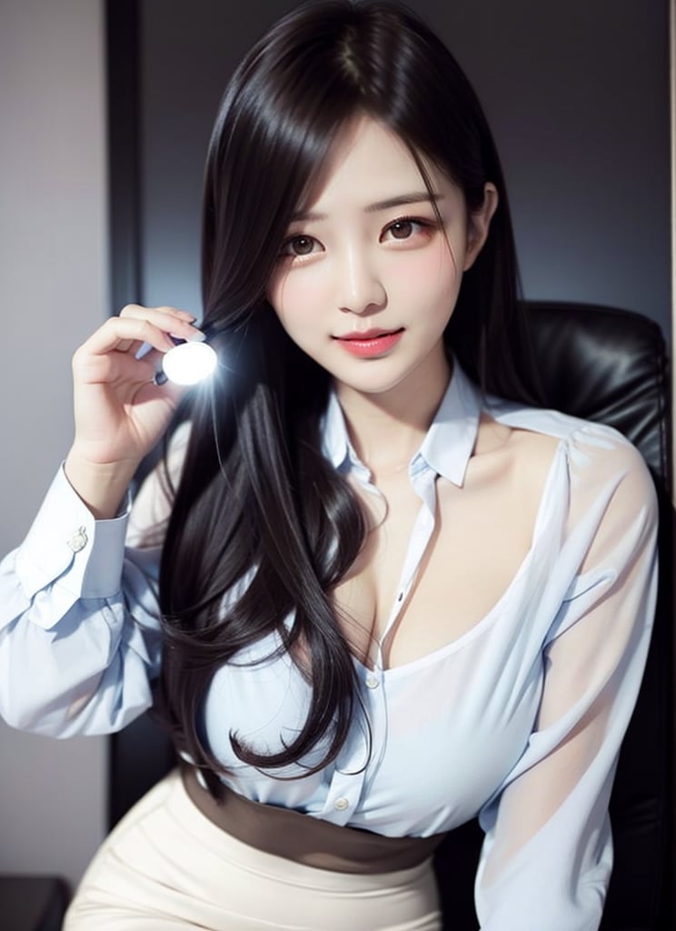 1 young office lady with beautiful face,  dynamic, sexy posture, wearing office suit, white shirt, pencil skirt, (see-through:1.1), rich hair, (portrait), blurred background, look at viewer, solo, best quality, high resolution, bright scene, rich color, low contrast,