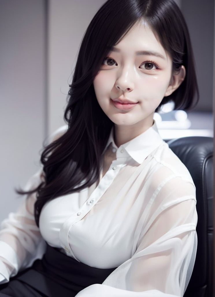 1 young office lady with beautiful face,  dynamic, sexy posture, wearing office suit, white shirt, pencil skirt, (see-through:1.1), rich hair, (portrait), blurred background, look at viewer, solo, best quality, high resolution, bright scene, rich color, low contrast,