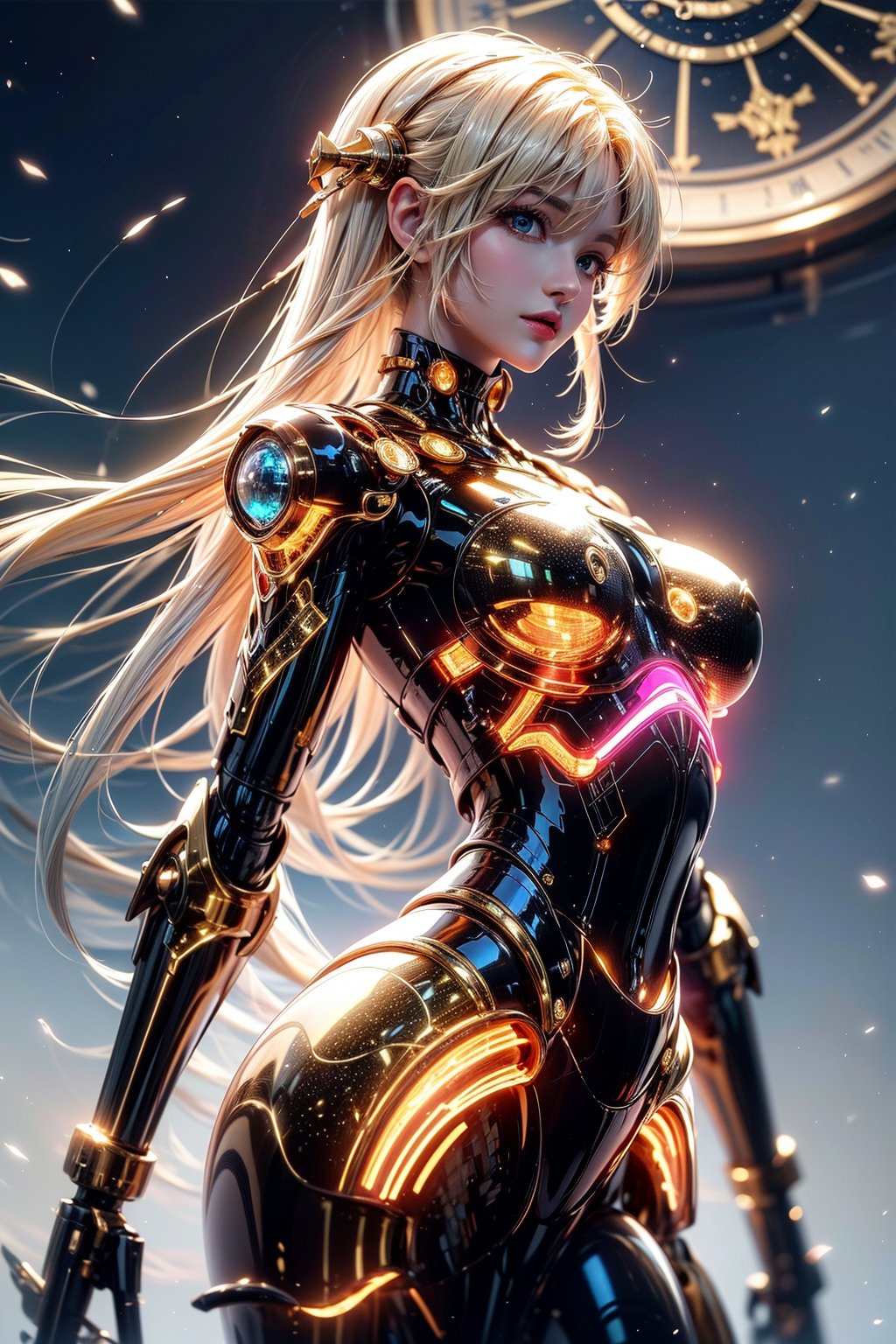 masterpiece,best quality,ultra high res,1girl,tashan ((glowing mecha)),bodysuit,Icy Blonde theme,Hands on the back of the head, looking casual,Detail Shot,Golden Ratio,rays of shimmering light,Timeless celestial clock with rotating constellations.,,