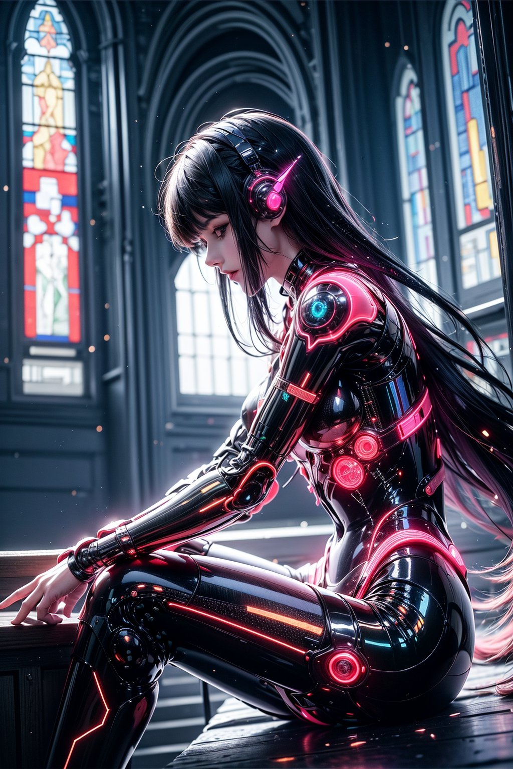 masterpiece,best quality,ultra high res,1girl,tashan glowing mecha,bodysuit,Dusty Rose theme,Sitting with legs crossed and hands in prayer position,Satelite View,Portrait,volumetric lighting,Celestial starlit cathedral with cosmic stained glass windows.,from side,