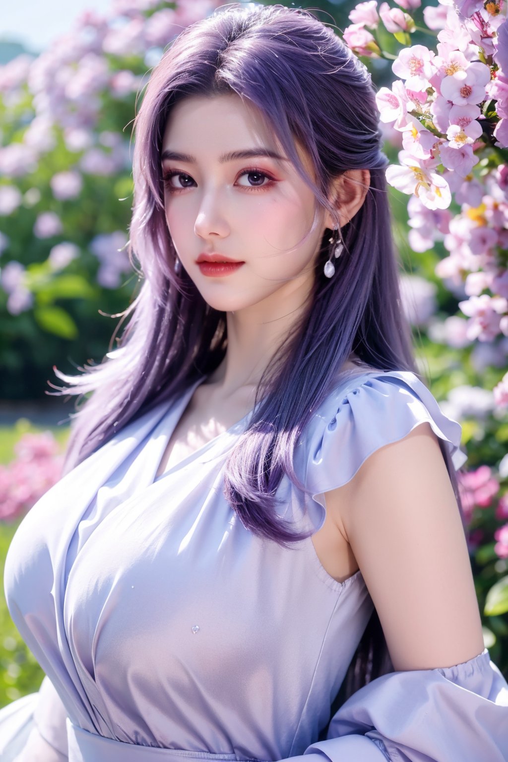 (masterpiece, best quality:1.2), highres, extremely detailed, 1 girl, purple hair, eye highlights,purple dress, frills, outdoors, flower, fluttering petals, upper body, depth of field,pastel color, Depth of field,garden of the sun,shiny,flowers, garden, 1girl, butterfly style, butterflies, ultra detailed, glary,Light, light particles,glitter,reflect,,(big breasts:1.39),Xyunxiao,sky_moon