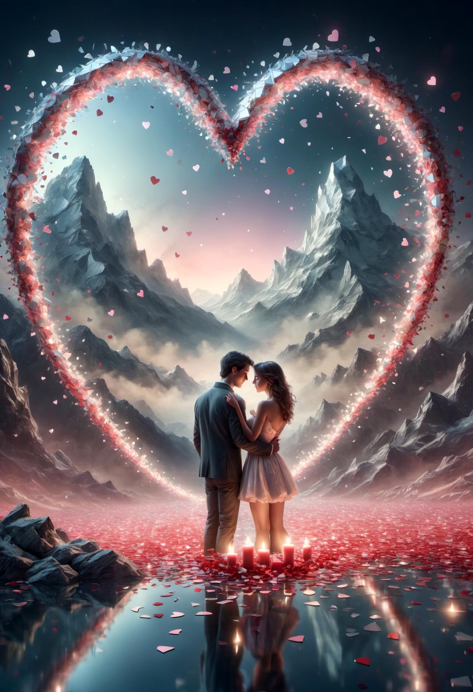 DonMBr0ck3nM1rr0rXL  valentines day, surreal, tranquil, heart-shaped confetti, watching romantic movies, mountain view, tender embraces under the stars, led candles  <lora:DonMBr0ck3nM1rr0rXL:1>