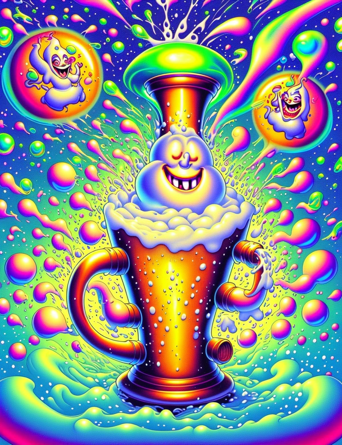 DonMC4745tr0ph1c female Beer Spirit, Mythical jovial rotund being,lighthearted convivial joy,clusterd with yellowish floating foamy beer bubbles, Resembles a friendly well dressed ghostly ethereal otherworldly bartender, large overflowing tankard, , spreading merriment and good cheer, twinkle in its eye, hearty laugh , <lora:DonMC4745tr0ph1c:1>