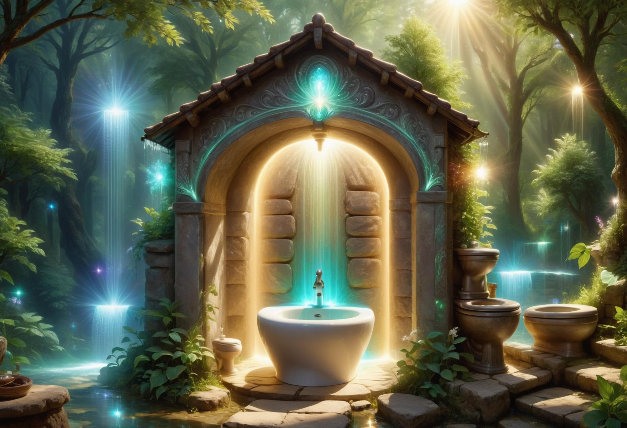 donm1nn3rb34u7yxl soft glow of light toilet, washing fountains, self-drying towels,magic soaps,hygiene charms, water recycling units,hygiene enhancers, , hygiene spirits, privacy enchantments, cultural heritage   <lora:DonM1nn3rB34utyXL-000006:1>