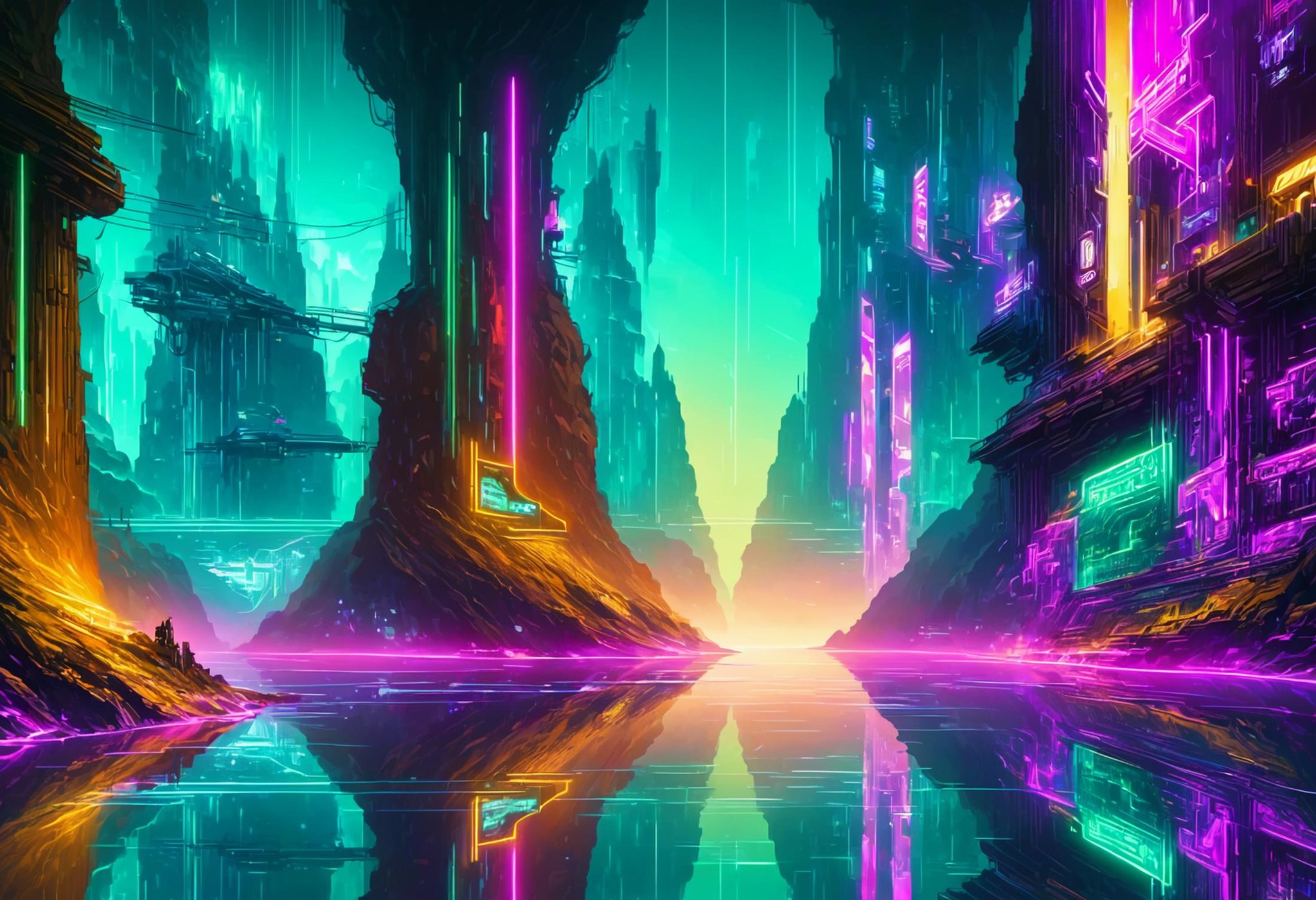 donm1nn3rb34u7yxl cyberpunk neon fjord of reflection   <lora:DonM1nn3rB34utyXL-000006:1>