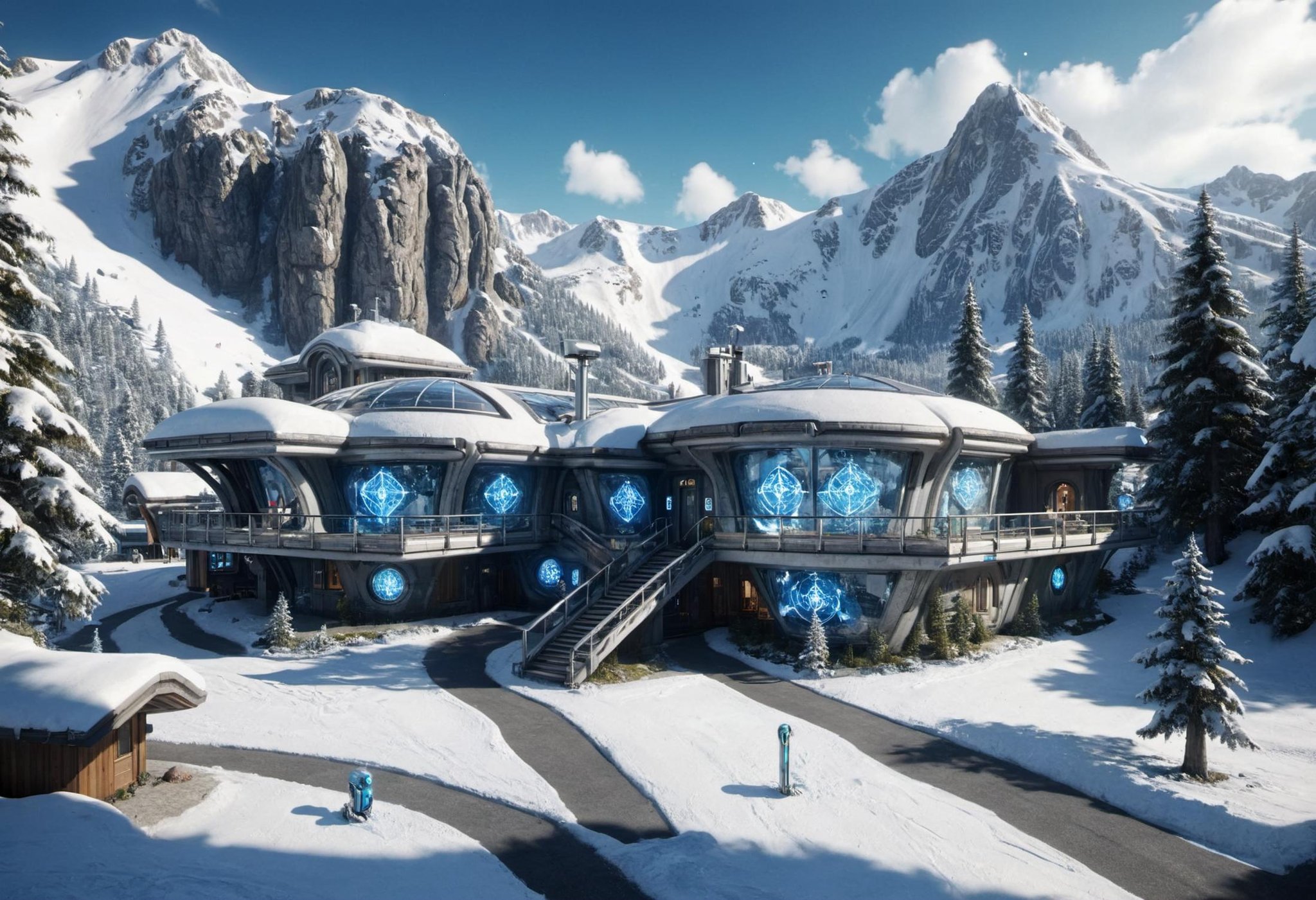 DonMT3chC057ruc7sXL  ski resort town bungalow in alpine biome , tech, scifi,magic  <lora:DonMT3chC057ruc7sXL:1>