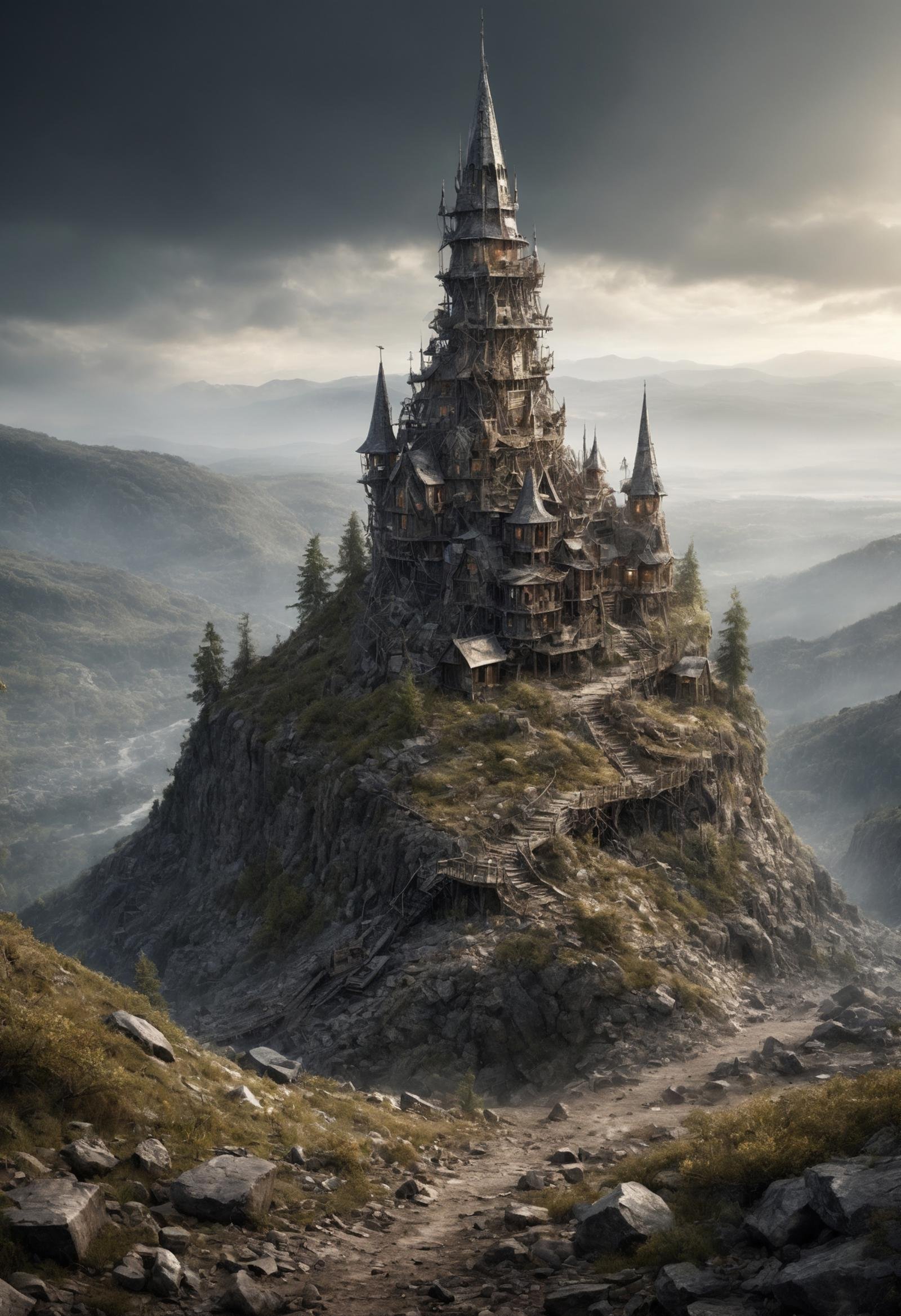 (masterpiece, best quality,detailed light),   DonMW4573L4ndXL waste,  hiking trails spire,  (intricate detail, cinematic lighting, amazing shading, soft lighting, Detailed Illustration)   <lora:myLoraXL_test\DonMW4573L4ndXL-000006>