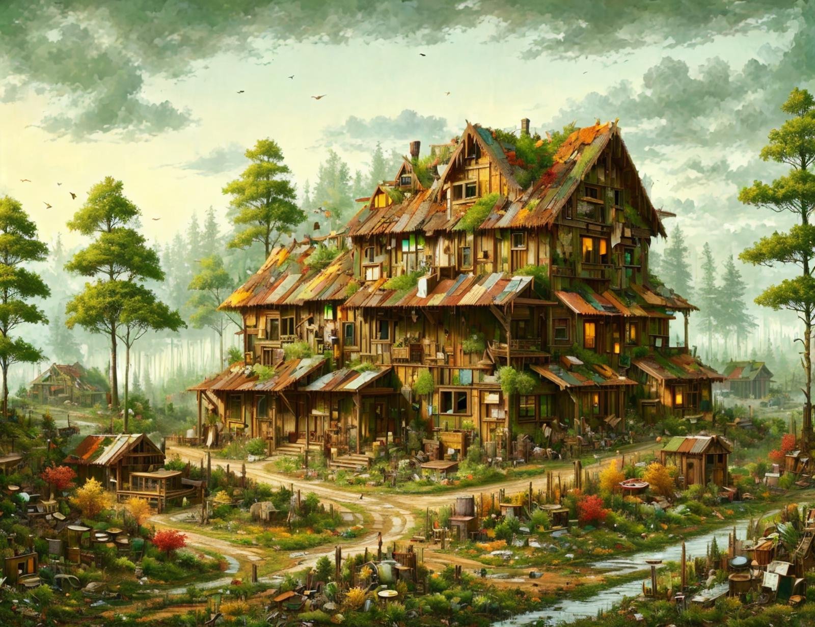 masterpiece, DonMW4573L4nd waste city residence in temperate deciduous forest biome , <lora:DonMW4573L4nd:1>