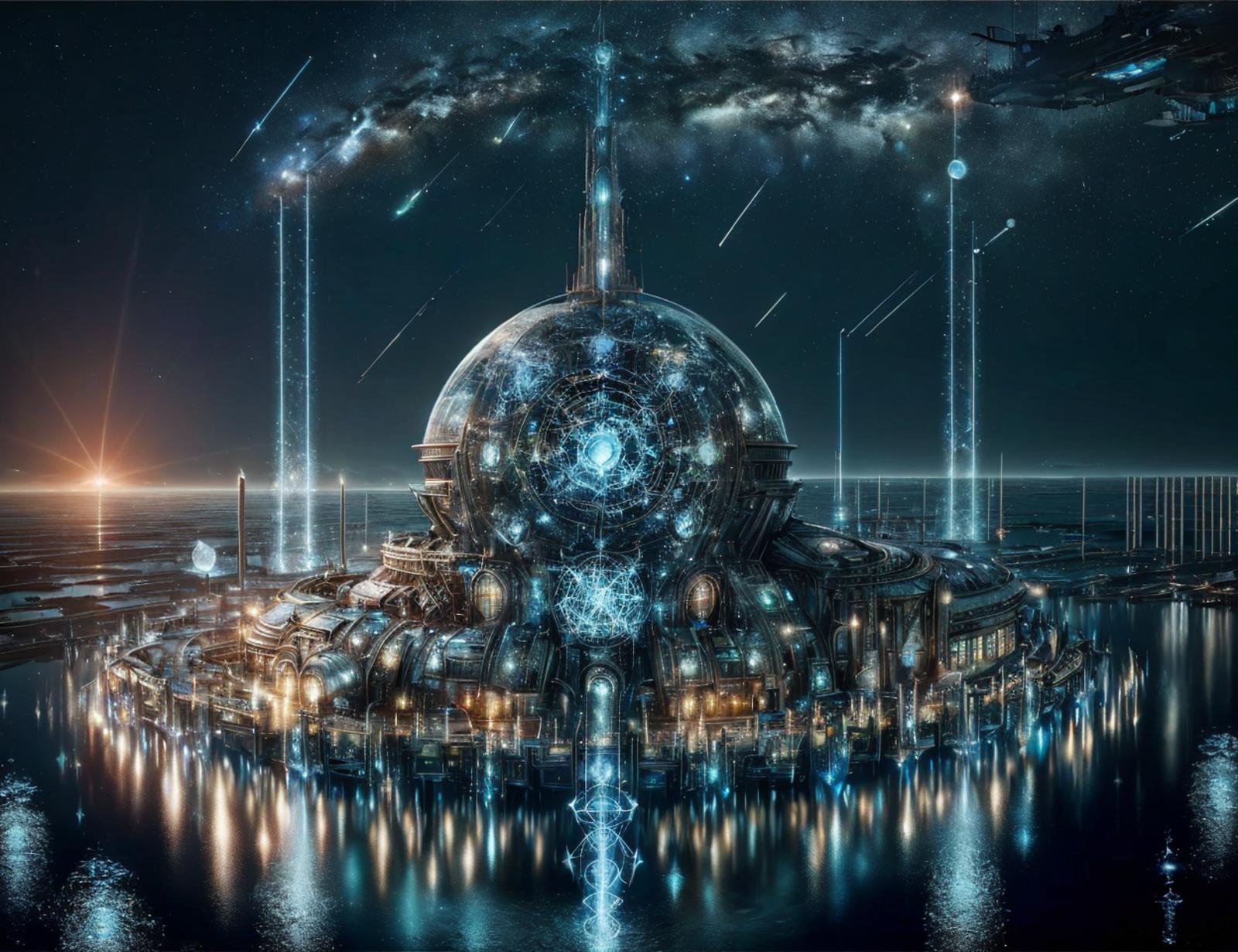 masterpiece, awesome quality, cinematic lighting, detailed, DonMT3chC057ruc7s spaceport, submerged roots,apocalyptic event,rooftop bar,perseid meteor shower ,    <lora:DonMT3chC057ruc7s:1>