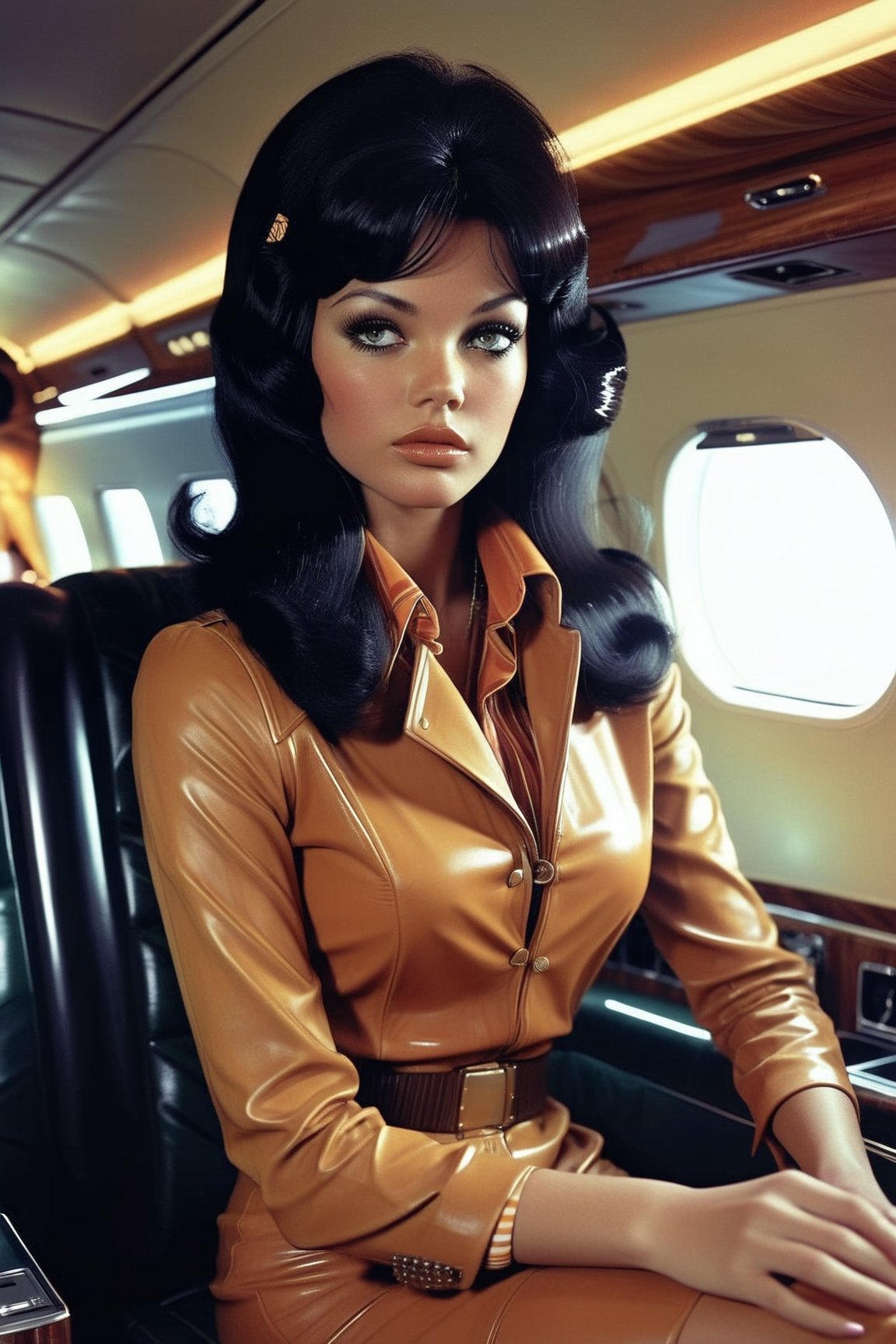 1girl, caramel skin tone, green eyes,black hair,  70s fashion,  private jet, sitting, highly detailed , high resolution, VTWXL