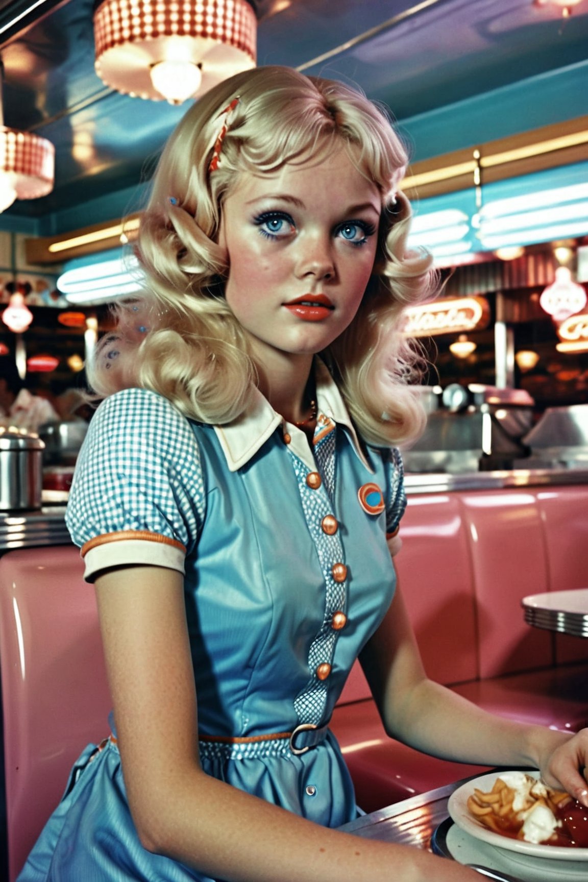 1girl, blue eyes, blonde hair,  wearing a 70s dress,   sitting in a  diner, highly detailed , high resolution, VTWXL