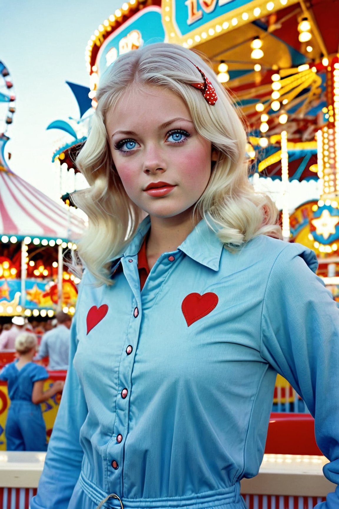 1girl, blue eyes, blonde hair,  wearing a jumpsuit, at a fair, highly detailed , high resolution, VTWXL