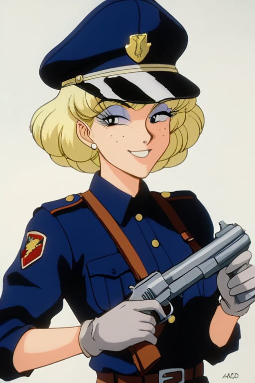 1r3n3S4nd3rsP,score_9, 1girl, solo, smile, short hair, blonde hair, gloves, hat, holding, upper body, weapon, white gloves, holding weapon, uniform, gun, v, makeup, holding gun, handgun, freckles, retro artstyle, grey gloves, 1980s \(style\)