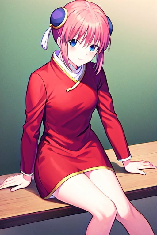 Kagura_gintama,masterpiece,best quality,1girl,bun hair,red dress,sitting on table