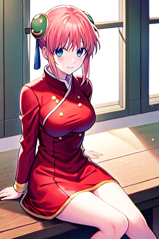 Kagura_gintama,masterpiece,best quality,1girl,bun hair,red dress,sitting on table