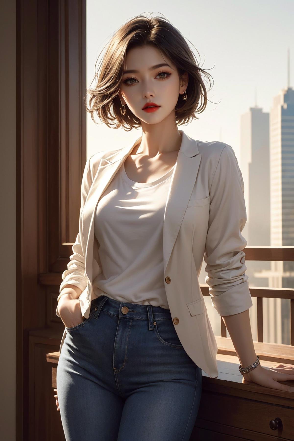 <lora:Korean beauty:0.8>,red lips,skyscraper,full_body,linen blazer, white t-shirt, and cuffed jeans, edge quality, perspective silhouette, 8k, best quality, masterpiece, extremely detailed, rule of thirds, photorealistic, superb, HDR, high resolution, sharp focus, photorealistic rendering, extremely detailed description, professional, gorgeous and intricate detail,