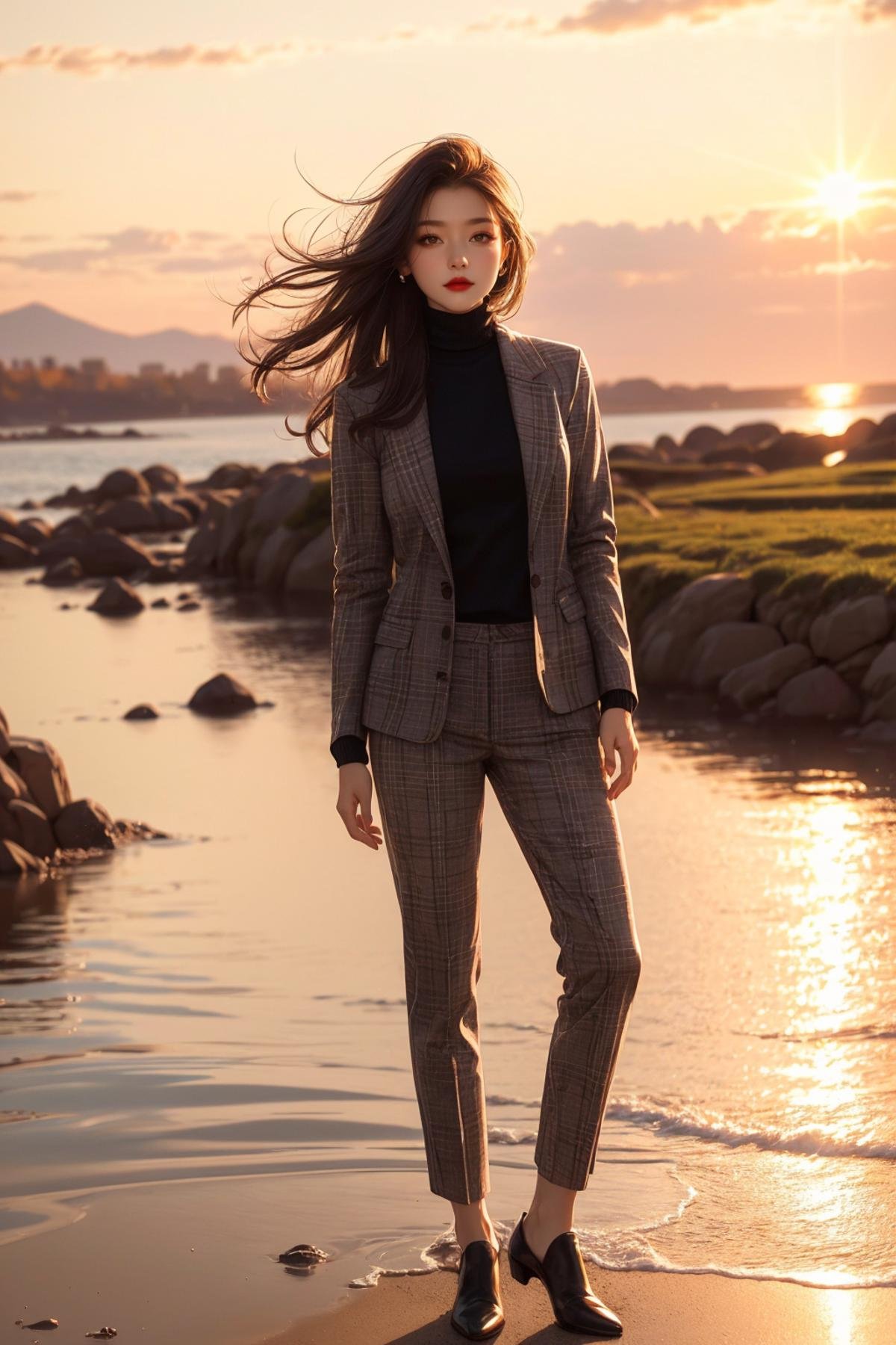 <lora:Korean beauty:0.9>,red lips,sunset,full_body,plaid blazer, turtleneck sweater, and straight-leg pants,, edge quality, perspective silhouette, 8k, best quality, masterpiece, extremely detailed, rule of thirds, photorealistic, superb, HDR, high resolution, sharp focus, photorealistic rendering, extremely detailed description, professional, gorgeous and intricate detail,