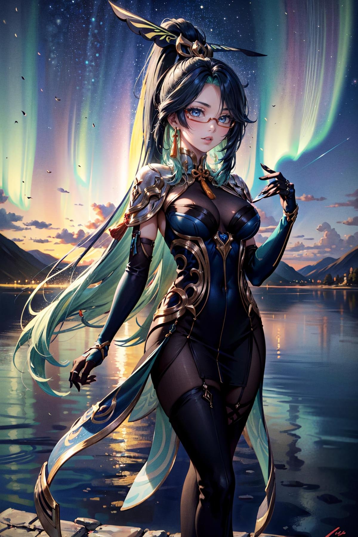 <lora:xianyun_v2:0.8>,xianyun,very long hair,ponytail,hair ornament,semi-rimless eyewear,earrings,black bodysuit,elbow gloves,high heels,, (masterpiece:1.2),(best quality:1.2),intricate details,newest,ai-generated,perfect anatomy,beautiful girl,(1girl:1.3),cosmic,Frozen Lake with Northern Lights,edgQuality,<lora:GoodHands-beta2:1>,nice hands,perfect hands,