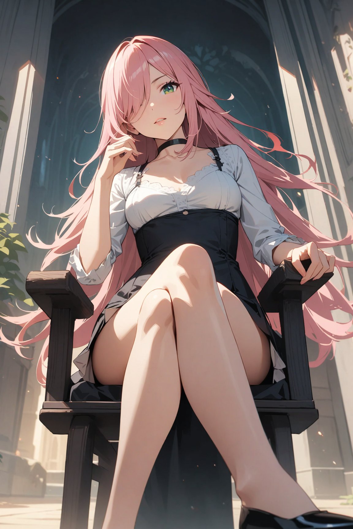 1woman, solo,  long hair, pink hair, black choker, green eyes, one eye covered by hair,  eyeliner,  gorgeous lips, sitting on chair and dangling, flats dangling, crossed legs, shoe dangle, hand on eyewear, from below,looking at viewer, bad anatomy
 y_d,
cinematic, (masterpiece), (best quality), (ultra-detailed), very aesthetic, illustration, perfect composition, intricate details, absurdres