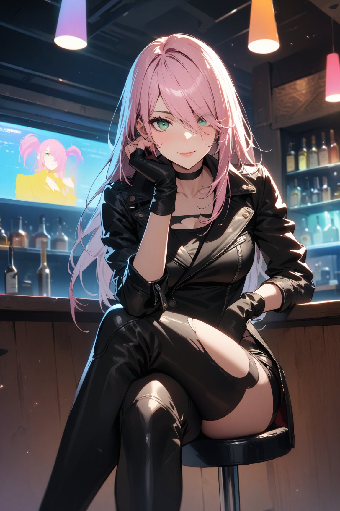 1woman, solo,  long hair, pink hair, black choker, green eyes, one eye covered by hair, eyeliner,  gorgeous lips, (masterpiece), (best quality), (ultra-detailed), very aesthetic, illustration, perfect composition, intricate details, absurdres,  detailed face
(masterpiece, best quality, detailed), 1girl, solo, looking at viewer, biker clothes, long sleeves, black jacket, black belt, jewelry, earrings, leather, (spikes), indoors, bar \(place\), alcohol, neon lights, cyberpunk, sitting, crossed legs, full body, black gloves, leather jacket, open jacket, black pants, boots, counter, stool, bar stool, elbow rest, fingerless gloves, ((torn)) pants, light smile, closed mouth,a2_\(nier:automata\),