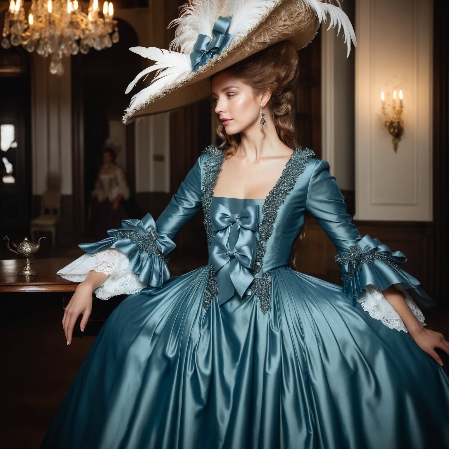 photo of beautiful woman in (very detailed embroidered and bows) shiny satin, georgian gown, large hat with feather, in beautiful mansion, romantic lighting,georgian gown