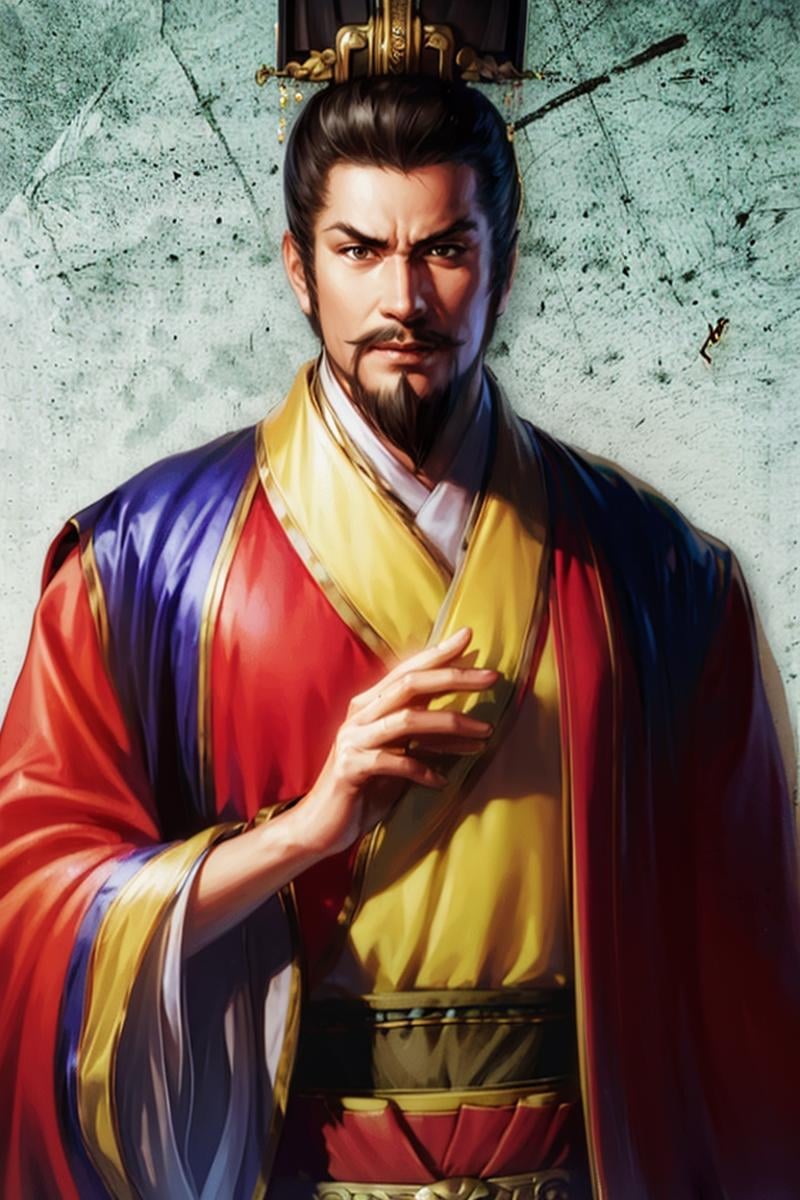 (8k, RAW photo, best quality, masterpiece:1.2), (realistic, photo-realistic:1.37), chinese male, chinese, facial_hair, beard, 1boy, male_focus, mustache, solo, wide_sleeves, holding, long_sleeves, hanfu, japanese_clothes, looking_at_viewer, robe, holding_book, chinese_clothes, kimono, standing