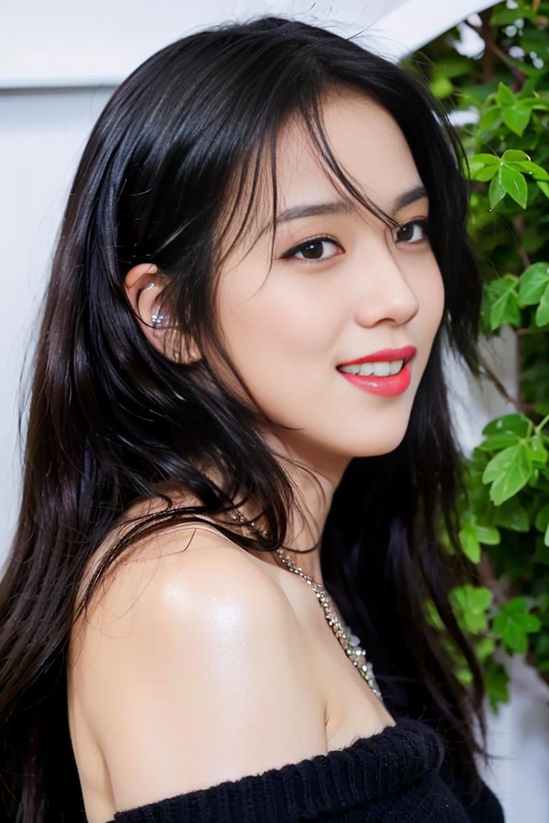 (8k, RAW photo, best quality, highres:1.2), (realistic, photo-realistic:1.37),  bright teeth, open mouth, smile, happy, close-up,1girl,   Jisoo, solo,bestlighting, extremely detailed eyes, diamond stud earrings, long straight hair, dark hair,  red lips,  lace , strapless,  see-through, alluring eyes, upper teeth,(outdoors) ,   looking at viewer,