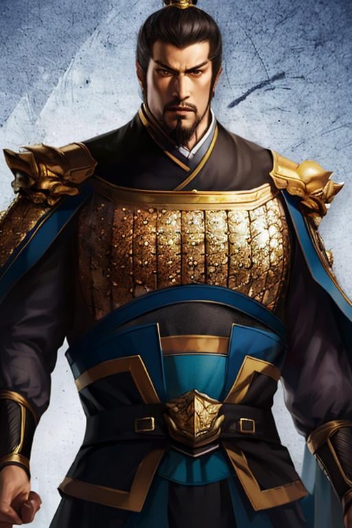 (8k, RAW photo, best quality, highres:1.2), (realistic, photo-realistic:1.37) , chinese male, chinese, cape, armor, weapon,solo, 1boy, strong, muscular male, wide waist, fire, black and gold suit armor, big eyes, flaming eye, 