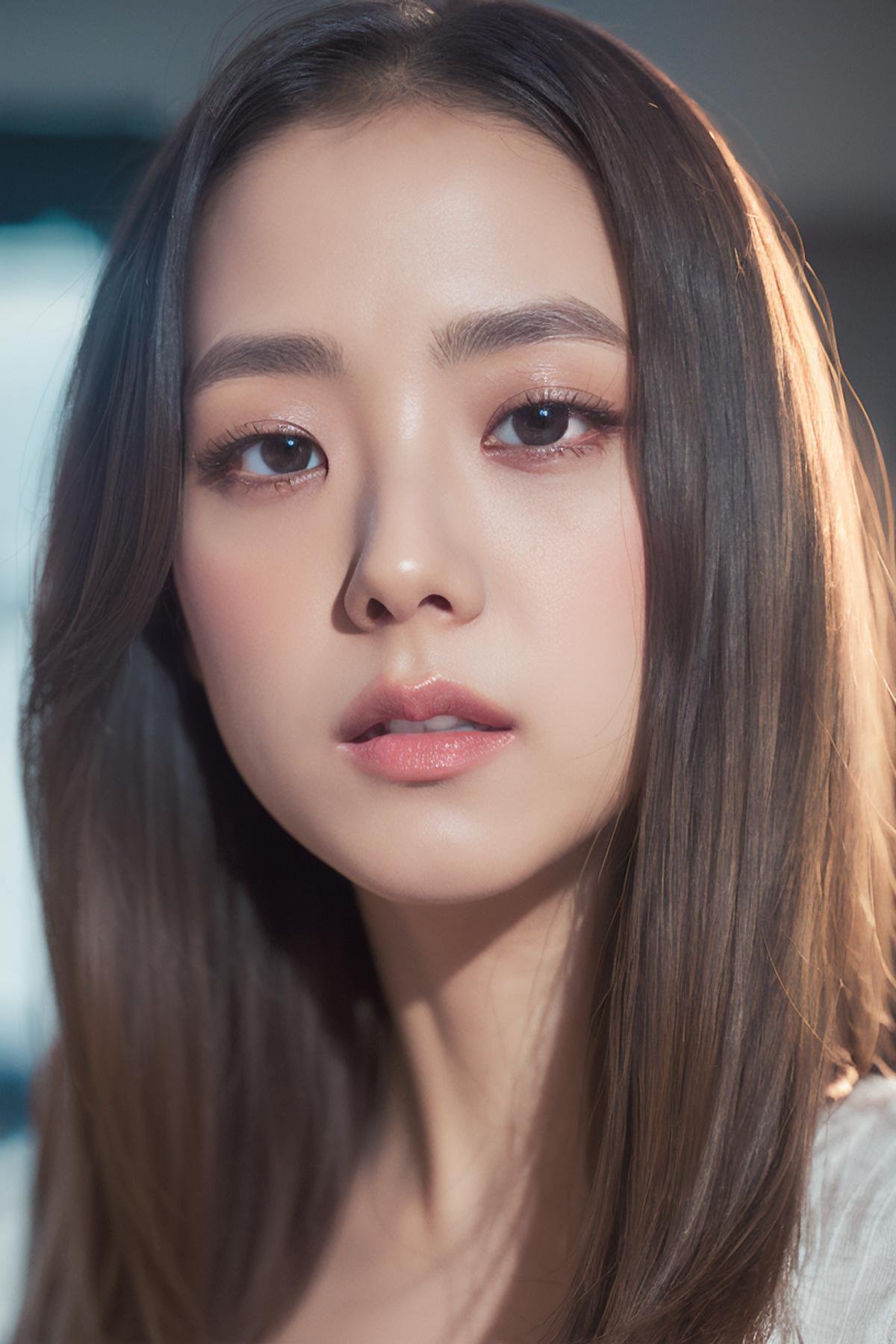 (4k,   best quality, highres:1.2), (realistic, photo-realistic:1.37),  Jisoo, 1girl,  solo, long hair, nose, parted lips , eyes,  facing viewer, looking at viewer,close-up,  blush , realistic, solo, eyelashes ,makeup,realistic light, realistic shadow,   [blurry background], eye focus,  [depth of field], professional lighting, photon mapping, radiosity, physically-based rendering, High Detail, masterpiece, F/4.0, 35mm lens, (front lighting photography:1.5),