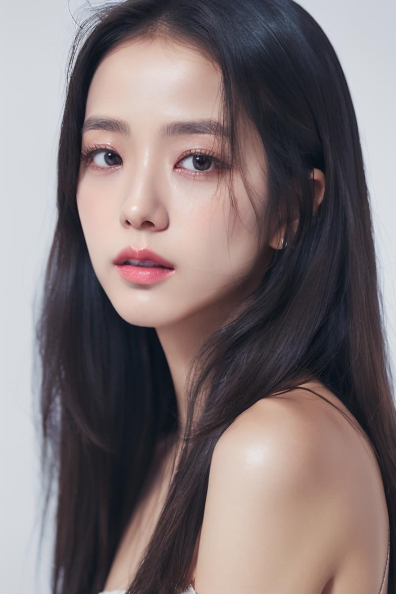 (4k,   best quality, highres:1.2), (realistic, photo-realistic:1.37),  Jisoo, 1girl,  solo, long hair, nose, parted lips , eyes, facing viewer, (looking at viewer :1.5), detailed eyes, brown eyes,  blush , realistic, solo, long eyelashes , makeup, upper body,  strap dress  (mole_under_eye, mole:0.1),   realistic light, realistic shadow,   [blurry background], eye focus,  [depth of field], professional lighting, photon mapping, radiosity, physically-based rendering, High Detail, masterpiece, F/4.0, 35mm lens, (front lighting photography, catch light:1.5),