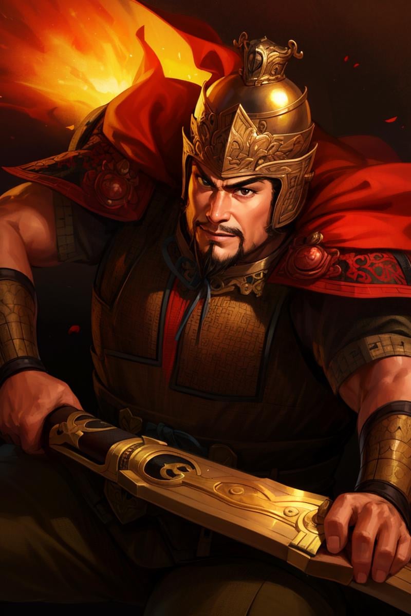 (4k, best quality, highres:1.1), (masterpiece:1.1), man, (Chinese male:1.2), middle-aged, warrior, (detailed eyes:1.5), facial hair, muscular, strong, brave, courageous, powerful, honorable, disciplined, confident, looking at viewer, face, bracer, helmet, armor, holding weapon, riding, horse, black, red,beard, weapon, mustache, crown, 1boy, male_focus, sword, sunset , holding, fire