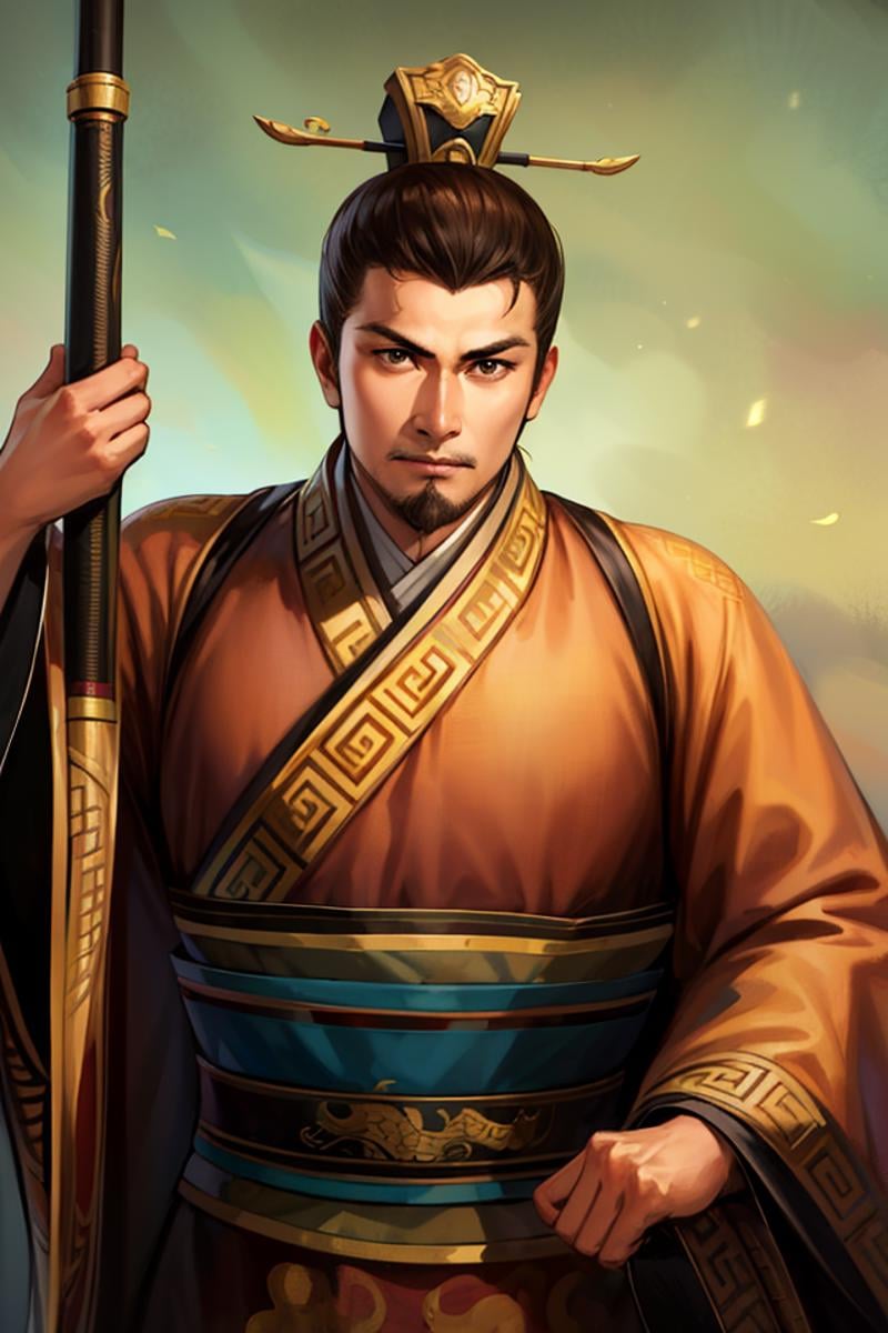 (4k, best quality, highres:1.1), (masterpiece:1.1), man, Chinese male, detailed eyes, looking at viewer, (Collin Chou:1.5),male_focus,  , 1boy,   facial_hair,  brown_eyes, katana, chinese_clothes, crew cut, muscular, wide shoulder, topknot, confident,