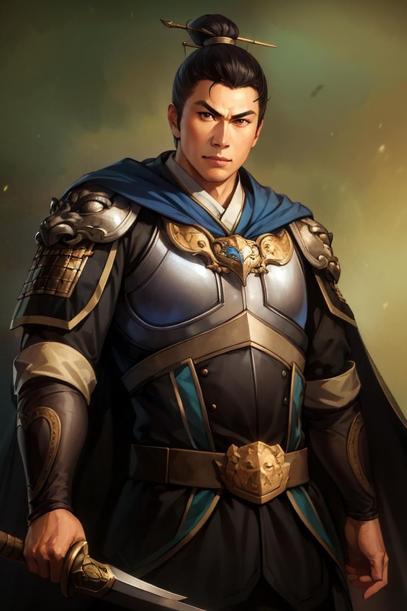 (4k, best quality, highres:1.1), (masterpiece:1.1), man, Chinese male, detailed eyes, looking at viewer, (Donnie Yen:1.2),sword, weapon, 1boy, helmet, male_focus, armor, solo, cape, sheath , muscular,   confident, black suit armor,