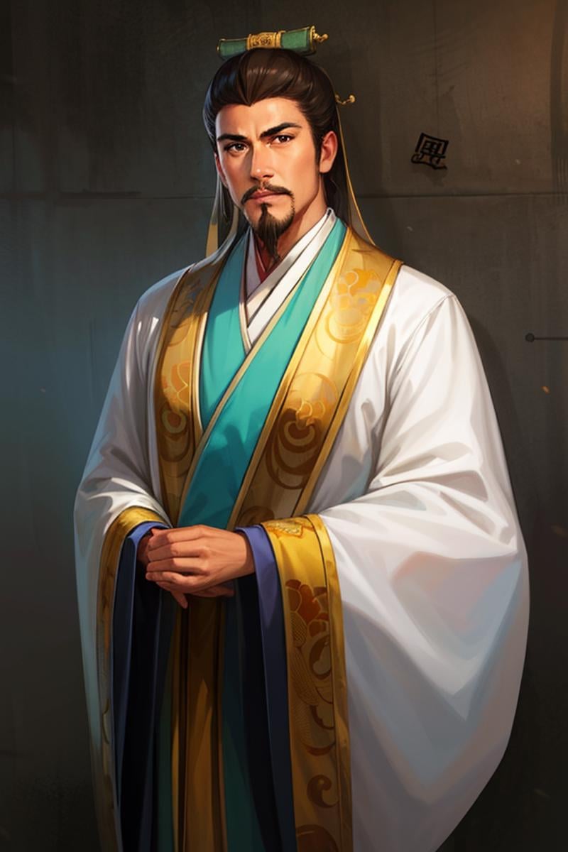 (4k, best quality, highres:1.1), (masterpiece:1.1), man, Chinese male, detailed eyes, looking at viewer,  (Chen Daoming:1.6),  facial_hair, hanfu, 1boy, beard, male_focus, mustache, chinese_clothes, old, solo, old_man, wide_sleeves, own_hands_together, long_sleeves, topknot, robe, looking_at_viewer, wrinkled_skin