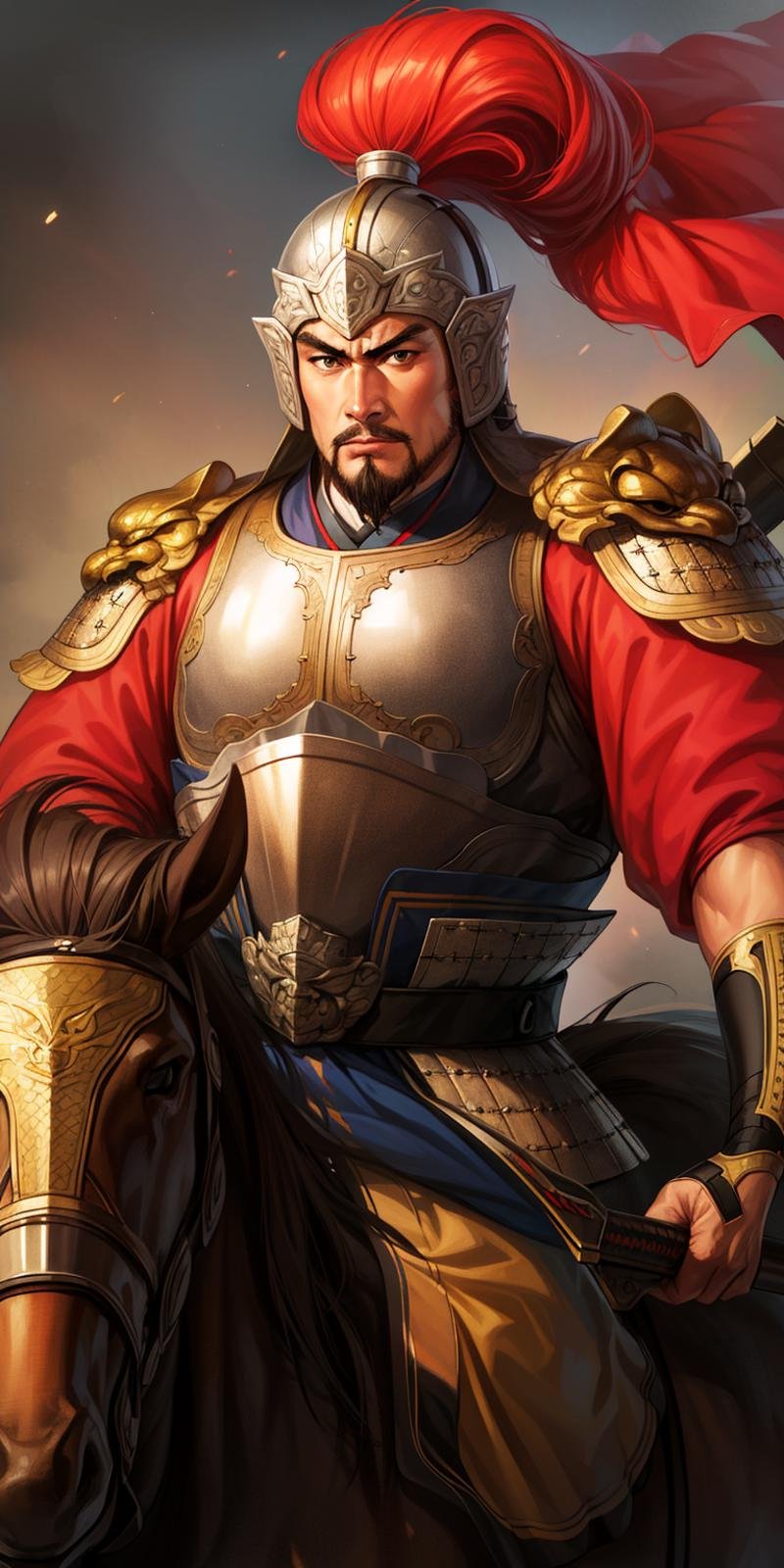 (4k,   best quality, highres:1.1), (masterpiece:1.1),   man, (Chinese male:1.2), middle-aged, warrior, detailed eyes, facial hair, muscular, strong, brave, courageous, powerful, honorable, disciplined, confident, looking at viewer,face, bracer, helmet, armor, holding weapon, riding, horse, black, red,