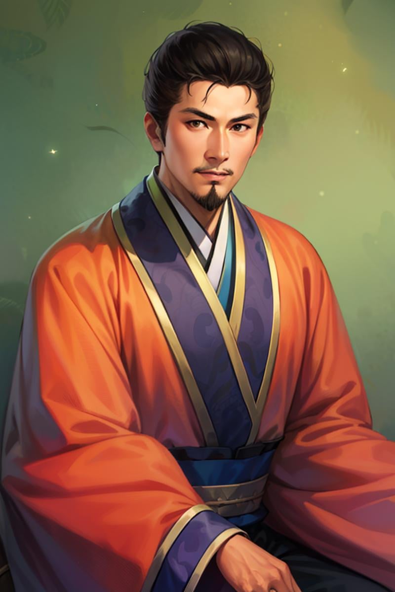 (4k, best quality, highres:1.1), (masterpiece:1.1), man, Chinese male, detailed eyes, looking at viewer,  (Francis Ng Chun-yu :1.4), crew cut,beard, facial_hair,  middle-aged, 1boy, male_focus,  wide_sleeves, solo, chinese clothes, hanfu, long_sleeves,