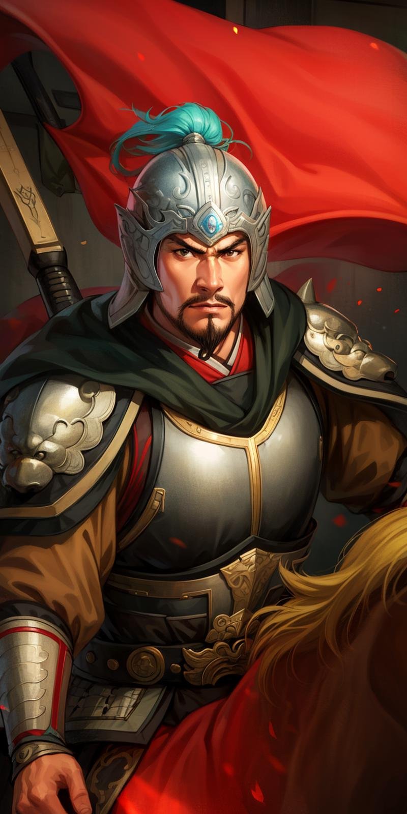 (4k,   best quality, highres:1.1), (masterpiece:1.1),   man, (Chinese male:1.2), middle-aged, warrior, detailed eyes, facial hair, muscular, strong, brave, courageous, powerful, honorable, disciplined, confident, looking at viewer,face, bracer, helmet, armor, holding weapon, riding, horse, black, red,