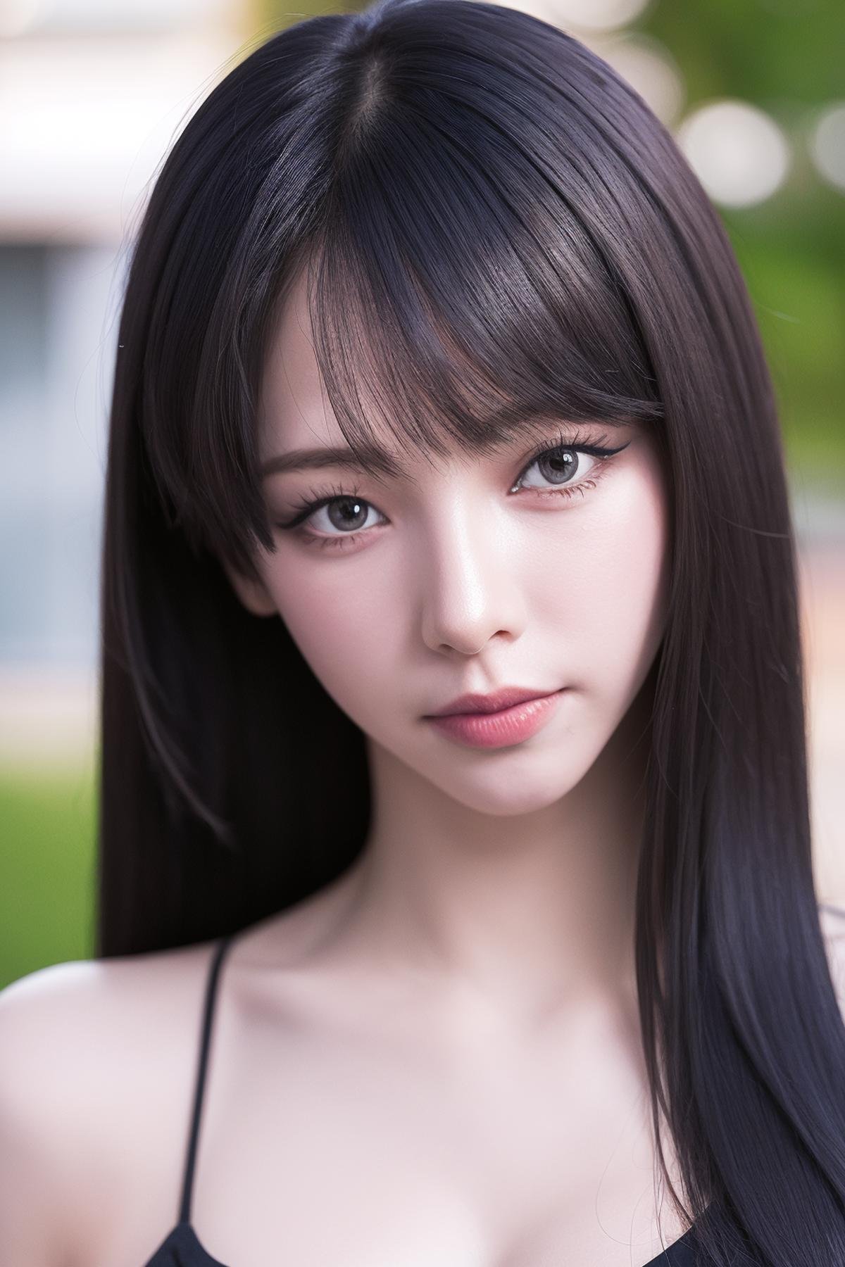 (best quality, highres:1.1), (realistic, photo-realistic:1.1),  1girl, close-up, face, black hair, long hair, soft lighting, (looking at viewer:1.8), depth of field, bokeh, parted lips, blunt bangs, 