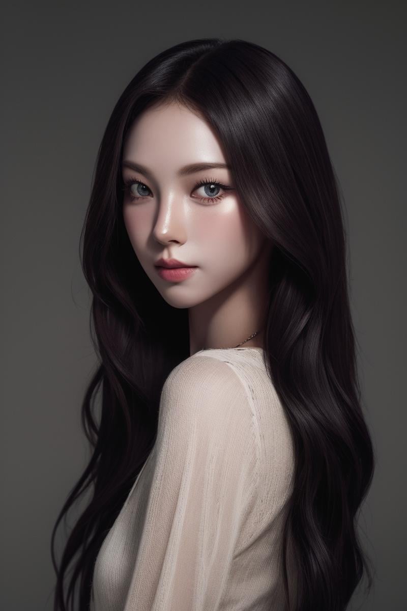 4k portrait, intricate, elegant, highly detailed, majestic, digital photography, art, (best quality, high quality, highres, masterpiece, side lighting), (looking at viewer:1.8),1girl, solo, black hair, long hair, brown eyes, (parted lips),soft and supple, smooth and flawless, pure and radiant, finest, natural skin with a delicate translucence,simple background,