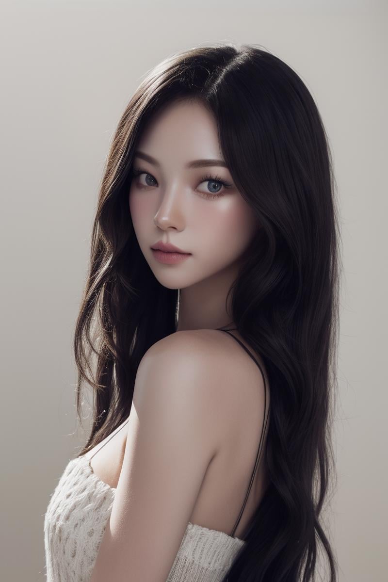 4k portrait, intricate, elegant, highly detailed, majestic, digital photography, art, (best quality, high quality, highres, masterpiece, side lighting), (looking at viewer:1.8),1girl, solo, black hair, long hair, brown eyes, (parted lips),soft and supple, smooth and flawless, pure and radiant, finest, natural skin with a delicate translucence,simple background,