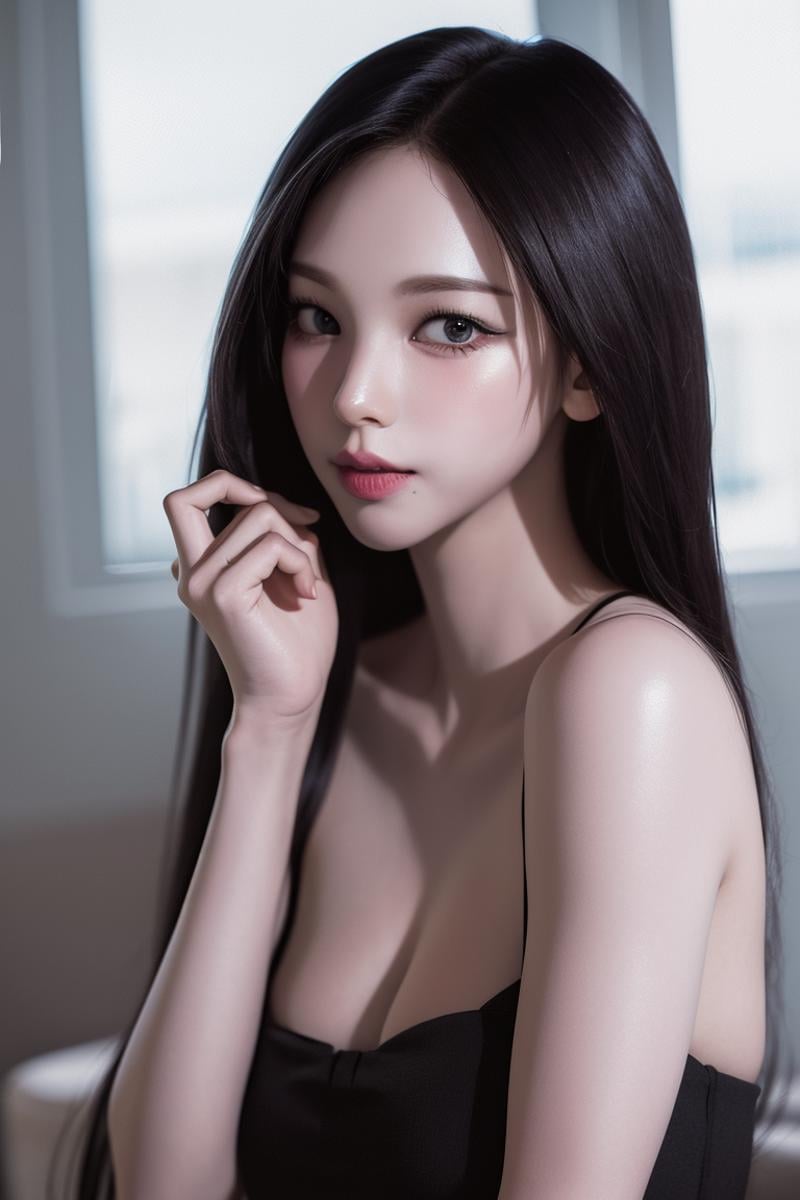 4k portrait, intricate, elegant, highly detailed, majestic, digital photography, art, (best quality, high quality, highres, masterpiece, side lighting), (looking at viewer:1.8),Karina, MBC,1girl, solo, black hair, long hair, brown eyes, (parted lips),soft and supple, smooth and flawless, pure and radiant, finest, natural skin with a delicate translucence,simple background,