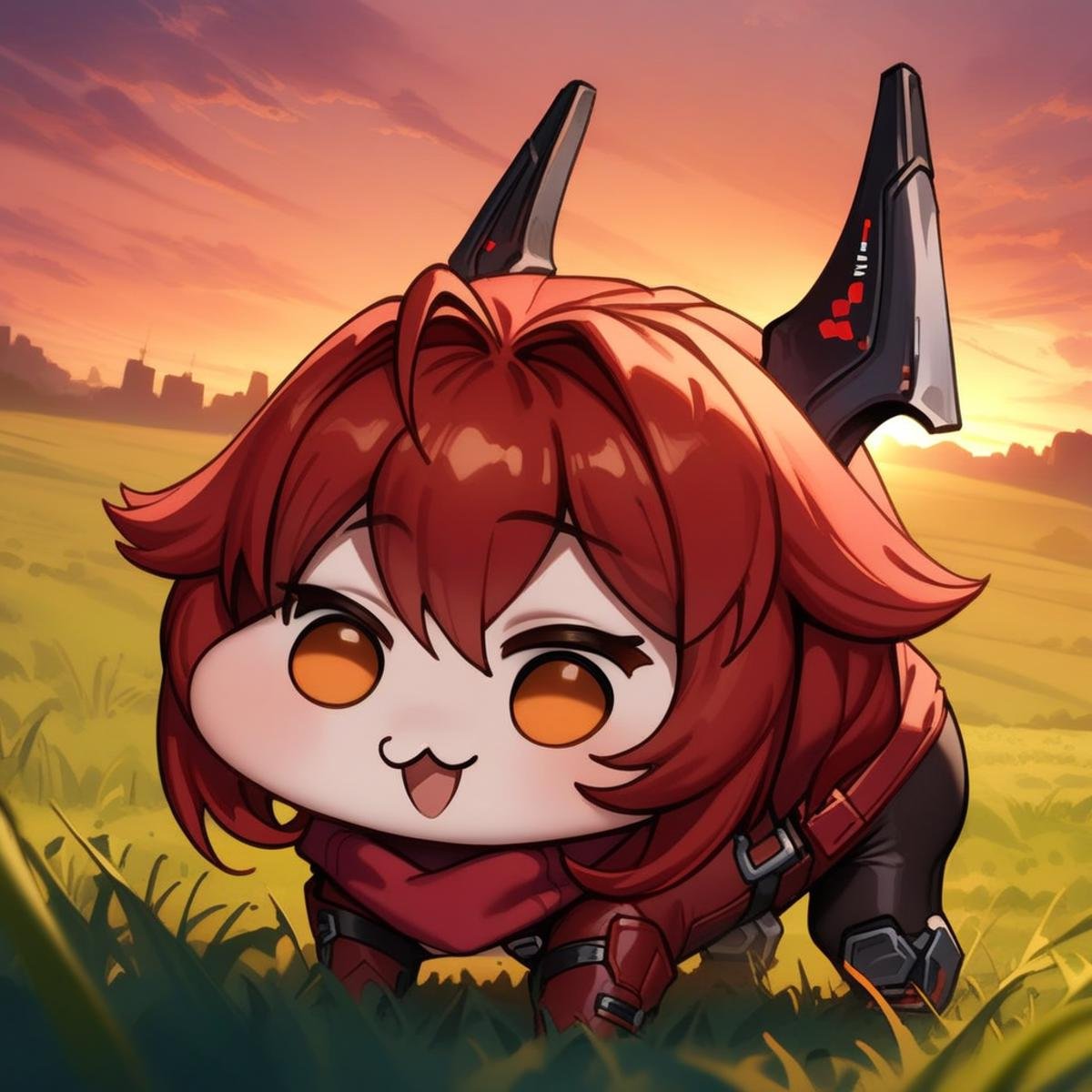 <lora:doro_xypher_amxl_v1:1> doro, :3, chibi, solid circle eyes, no pupils, all fours, no humans, <lora:RedHoodXLV10:0.8> redhoodx, mechanical horns, red jacket, red scarf, black pants, open mouth, field, sunset, masterpiece, best quality, very aesthetic, absurdres