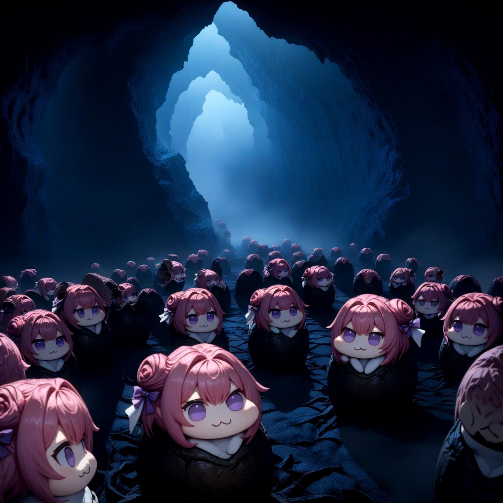 <lora:doro_xypher_amxl_v1:0.9>   doro, \:3, chibi, solid circle eyes, no pupils, white skin, pink hair, purple eyes, single side bun, hair bow, clone, peeking out, no humans, dark environment, dim lighting, shadow, fog, cave, masterpiece, best quality, very aesthetic, absurdres <lora:Xenomorph_Egg_SDXL:1> xenoegg