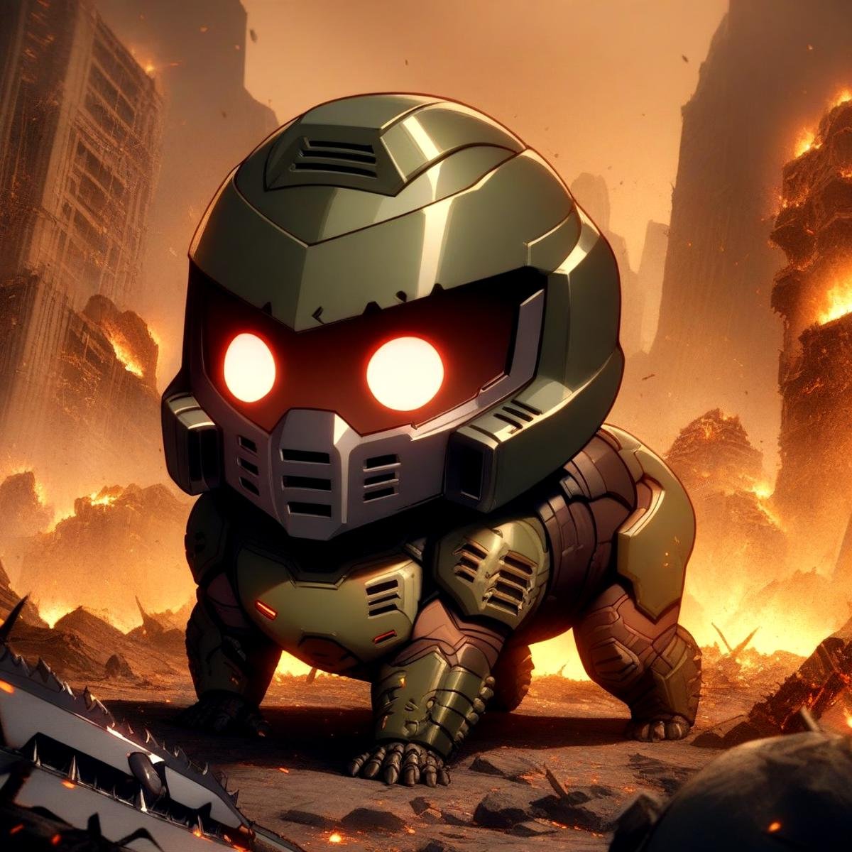 <lora:doro_xypher_amxl_v1:0.8>  solo, doro, \:3, chibi, solid circle eyes, no pupils, all fours, no humans, Doomguy, doom, helmet, visor \(armor\), covered face, (glowing eyes:0.7), round eyes, chainsaw, masterpiece, best quality, very aesthetic, absurdres, cinematic scene, detailed background, hellscape, embers, bones,  <lora:doomguy_xl_v1:0.9> 