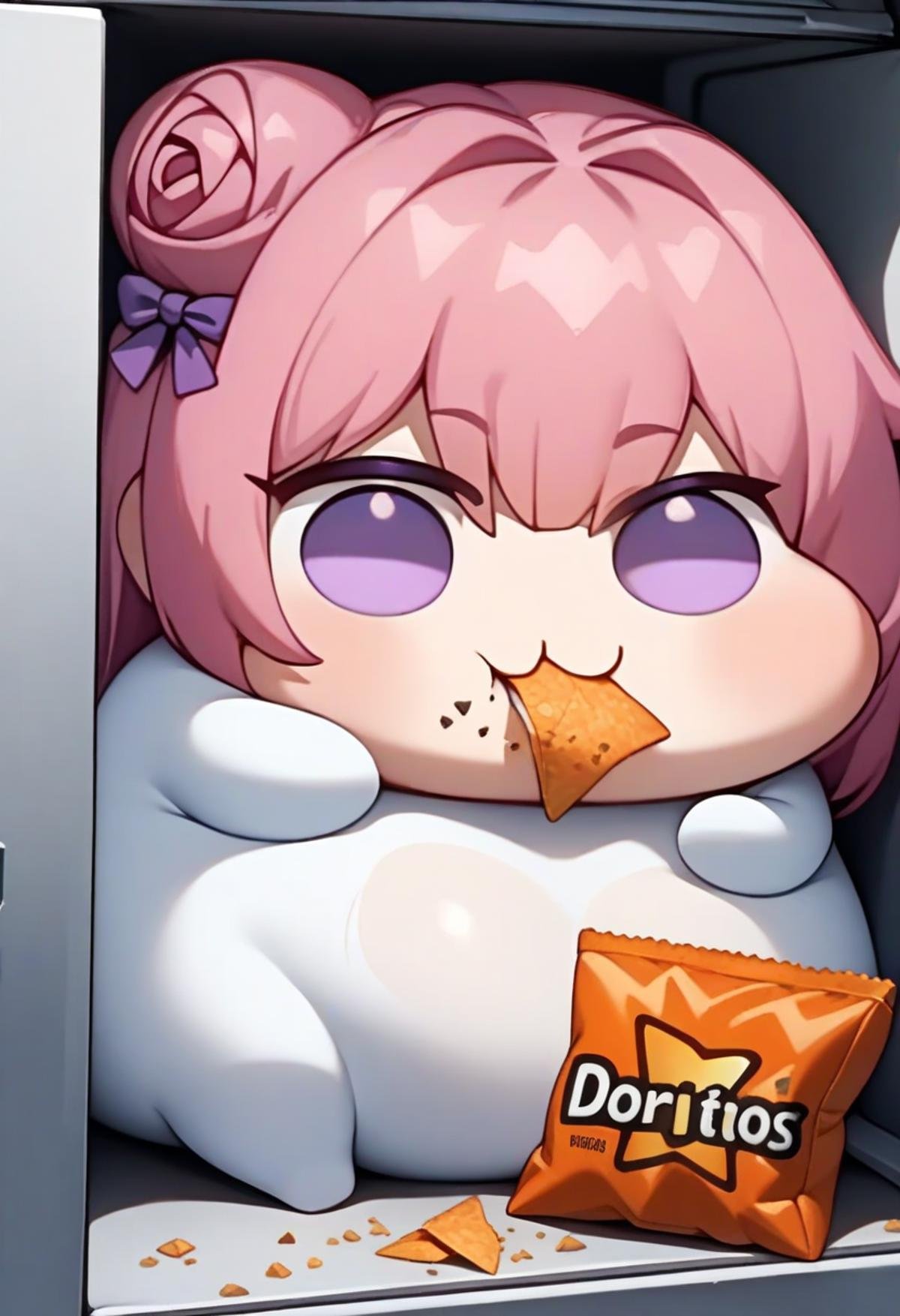 <lora:doro_xypher_amxl_v1:1> solo, doro \:3, chibi, solid circle eyes, no pupils, no humans, white skin, pink hair, purple eyes, single side bun, hair bow, masterpiece, best quality, very aesthetic, absurdres, fat, obese, sitting, food crumbs, eating doritos, refrigerator interior, food, tiny creature, indoors